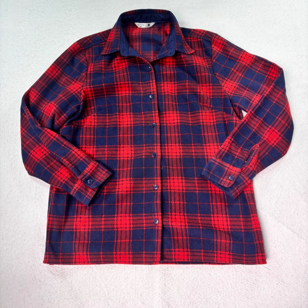 Riders By Lee Plaid Flannel Button Up Shirt Womens Medium Red Navy Long Sleeve